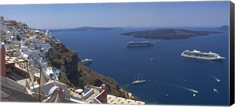 Framed Ships in the sea viewed from a town, Santorini, Cyclades Islands, Greece Print