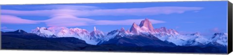 Framed Lenticular clouds and pre-dawn light over mountains, Mt Fitzroy, Cerro Torre, Argentine Glaciers National Park, Argentina Print