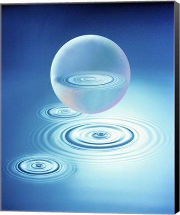 Framed Sphere with water rings reflected in center floating above three rings in blue water Print