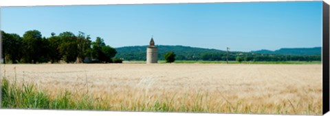 Framed Wheatfield with stone tower, Meyrargues, Bouches-Du-Rhone, Provence-Alpes-Cote d&#39;Azur, France Print