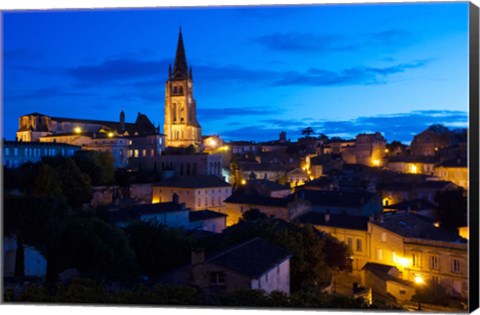 Framed Elevated view of a Town with Eglise Monolithe Church at Dawn, Saint-Emilion, Gironde, Aquitaine, France Print