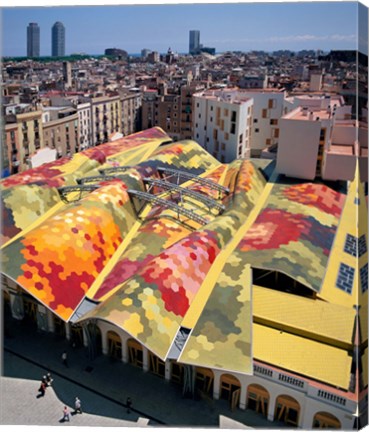 Framed High angle view of Santa Caterina Market with cityscape in the background, Barcelona, Catalonia, Spain Print