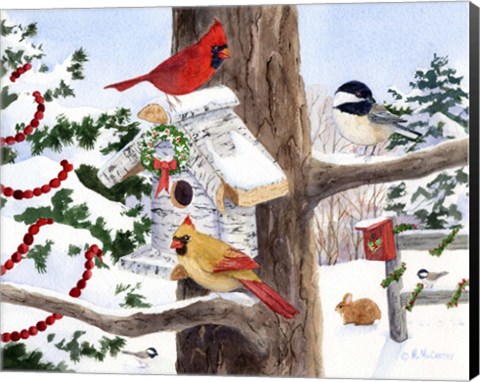 Framed Winter Birdhouse And Cardinals Print