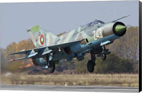 Framed Bulgarian Air Force MiG-21bis jet fighter taking off Print