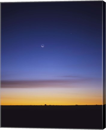 Framed Pre-dawn sky with waning crescent moon, Jupiter at top, and Mercury at lower center Print