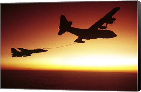 Framed US Navy F-14A Tomcat aerial refueling from a KC-130 Hercules Print