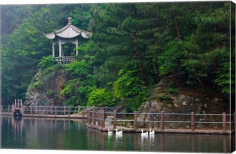 Framed Pavilion with lake in the mountain, Tiantai Mountain, Zhejiang Province, China Print