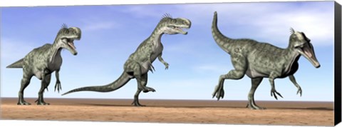 Framed Three Monolophosaurus dinosaurs standing in the desert Print
