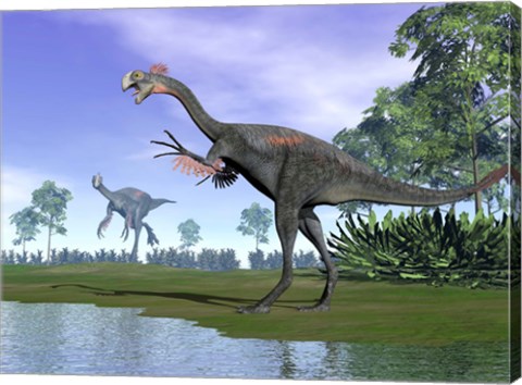 Framed Two Gigantoraptor dinosaurs in a prehistoric environment Print