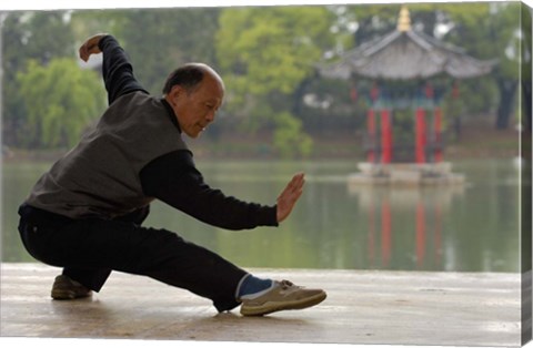Framed Man Doing Tai Chi Exercises at Black Dragon Pool with One-Cent Pavilion, Lijiang, Yunnan Province, China Print