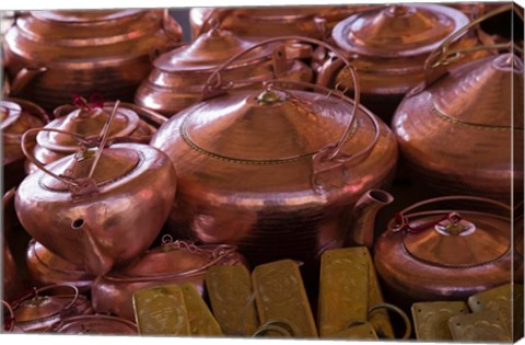 Framed Copper kettles, Lijiang Market, Lijiang, Yunnan Province, China Print