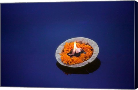 Framed Flower candle in the Ganges River, Varanasi, India Print