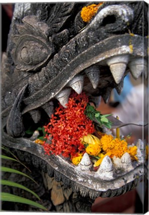 Framed Flower Offerings in Stone Dragon&#39;s Mouth, Laos Print