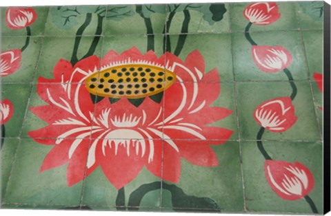 Framed Detail of temple lotus flower tile floor, Island of Penang, Malaysia Print