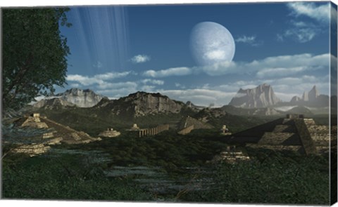 Framed Artist's concept of Mayan like ruins on a ringed planet Print