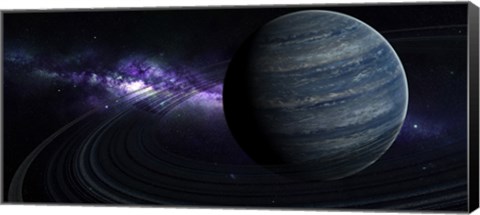 Framed Artist's concept of a blue ringed gas giant in front of a galaxy Print