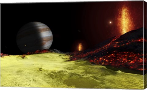 Framed Volcanic activity on Jupiter's moon Io, with the planet Jupiter visible on the horizon Print