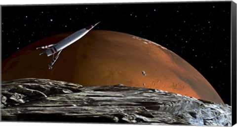 Framed Spaceship in Orbit over Mars Moon, Phobos Print
