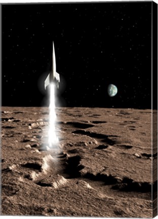 Framed 1950's view of a Stream-lined Finned Spaceship Beginning its Landing Phase Print