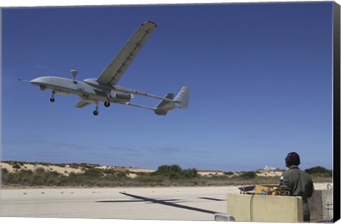 Framed IAI Heron Unmanned Aerial Vehicle takes off the runway Print