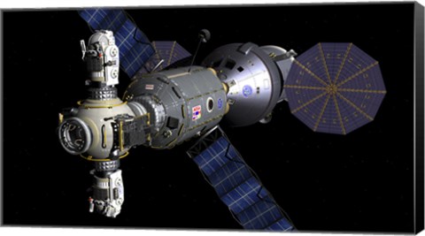 Framed Artist's concept of a Deep Space Vehicle with Extended Stay Module and Manned Maneuvering Vehicles Print