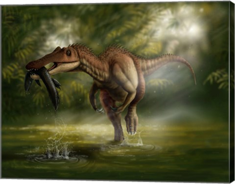 Framed Baryonyx dinosaur catches a fish out of water Print