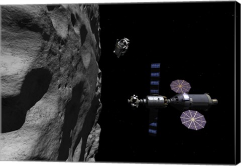 Framed Manned Maneuvering Vehicle descends toward the surface of a small asteroid Print
