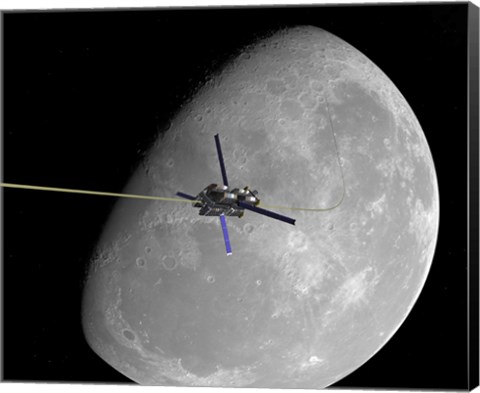 Framed manned lunar space elevator ascends from the surface of the moon Print
