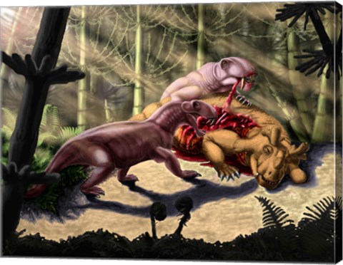 Framed Biarmosuchus predators eating the flesh of a Estemmenosuchus Print