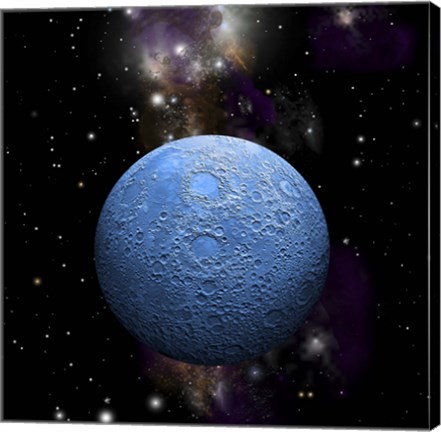 Framed Artist's depiction of a cratered moon in space with a Nebula in the background Print