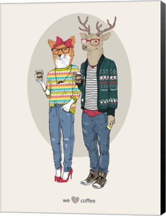 Framed Fox Girl And Deer Boy Hipsters Print