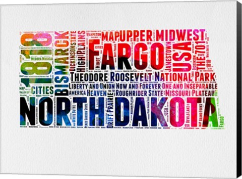 Framed North Dakota Watercolor Word Cloud Print