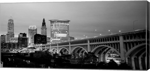 Framed Bridge in a city lit up at dusk, Detroit Avenue Bridge, Cleveland, Ohio Print
