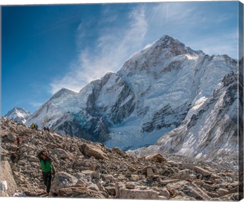 Framed Trekkers and porters on a trail, Khumbu Valley, Nepal Print