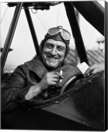 Framed 1920s Smiling Man Pilot In Cockpit Of Airplane Print