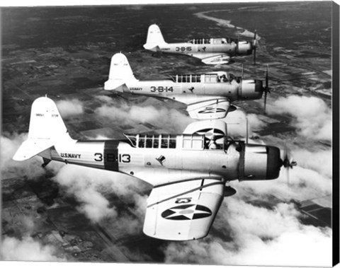 Framed 1940s Three World War II US Navy Dive Bombers Flying Print