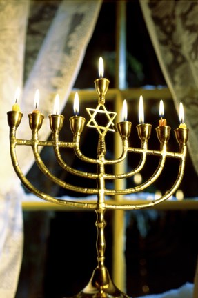 Framed Close-up Of Lit Candles On A Menorah And Window Print