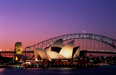 Framed Opera house lit up at night, Sydney Opera House, Sydney Harbor Bridge, Sydney, Australia Print