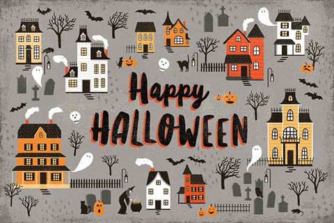 Framed Spooky Village I Gray Print