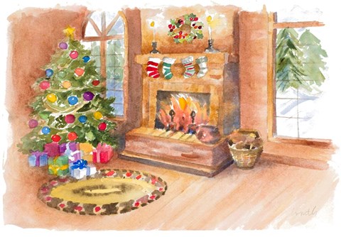 Framed Santa&#39;s Fireplace and Tree Scene Print