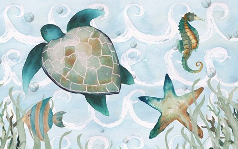 Framed Watercolor Sea Creatures Panel (blue) Print