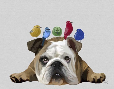 Framed English Bulldog and Birds Print