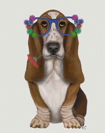 Framed Basset Hound Flower Glasses Print