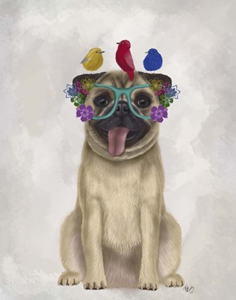 Framed Pug and Flower Glasses Print