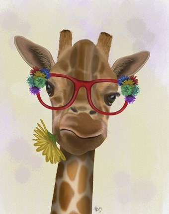 Framed Giraffe and Flower Glasses 3 Print