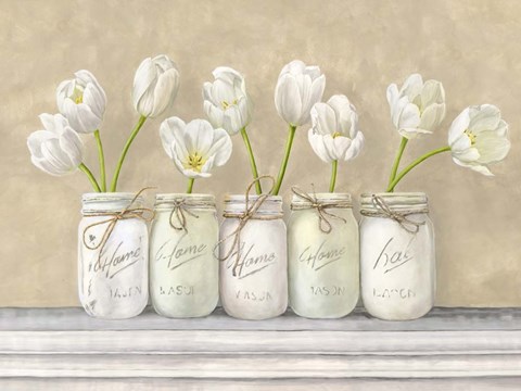 Framed White Tulips in Mason Jars Print