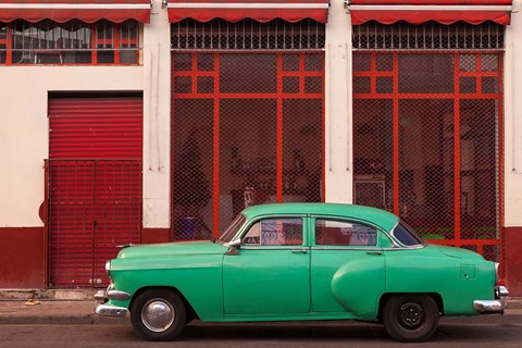 Framed Cuba, Havana Green Car, Red Building On The Streets Print