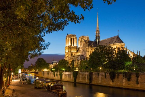 Framed Twilight Along River Seine Below Cathedral Notre Dame, Paris, France Print