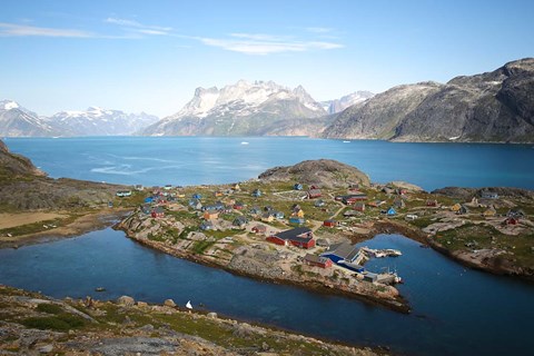 Framed Greenland, Kujalleq, Aappilattoq, View Of Village With Scenic Mountains And Water Print