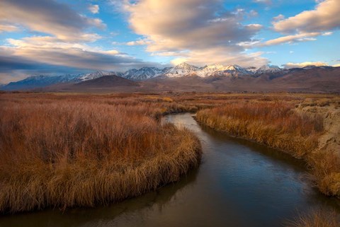 Framed Panoramic View Of A River And The Sierra Nevada Mountains Print